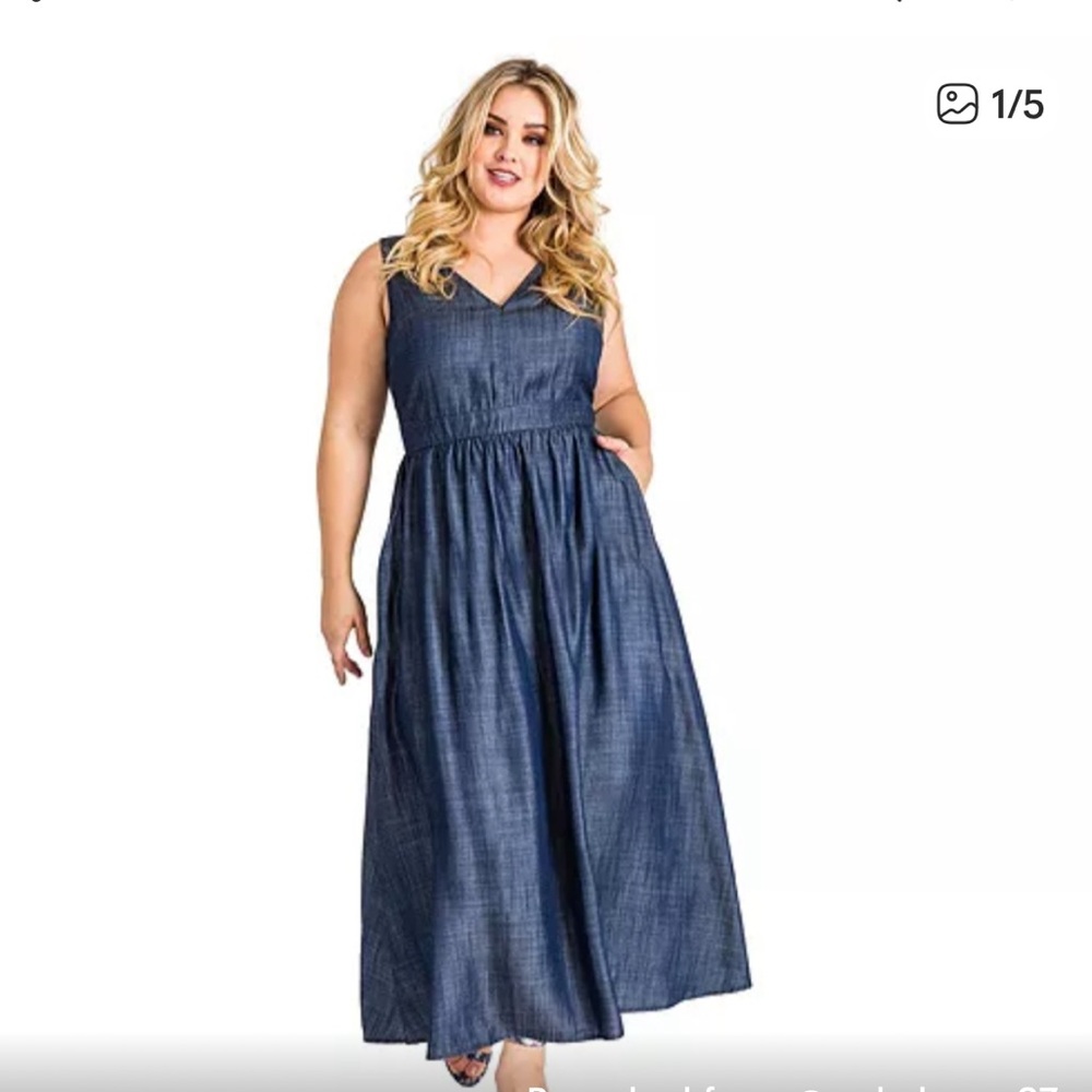 Standards & Practices Lyocell Chambray Maxi Dress V Neck Pockets 2X
